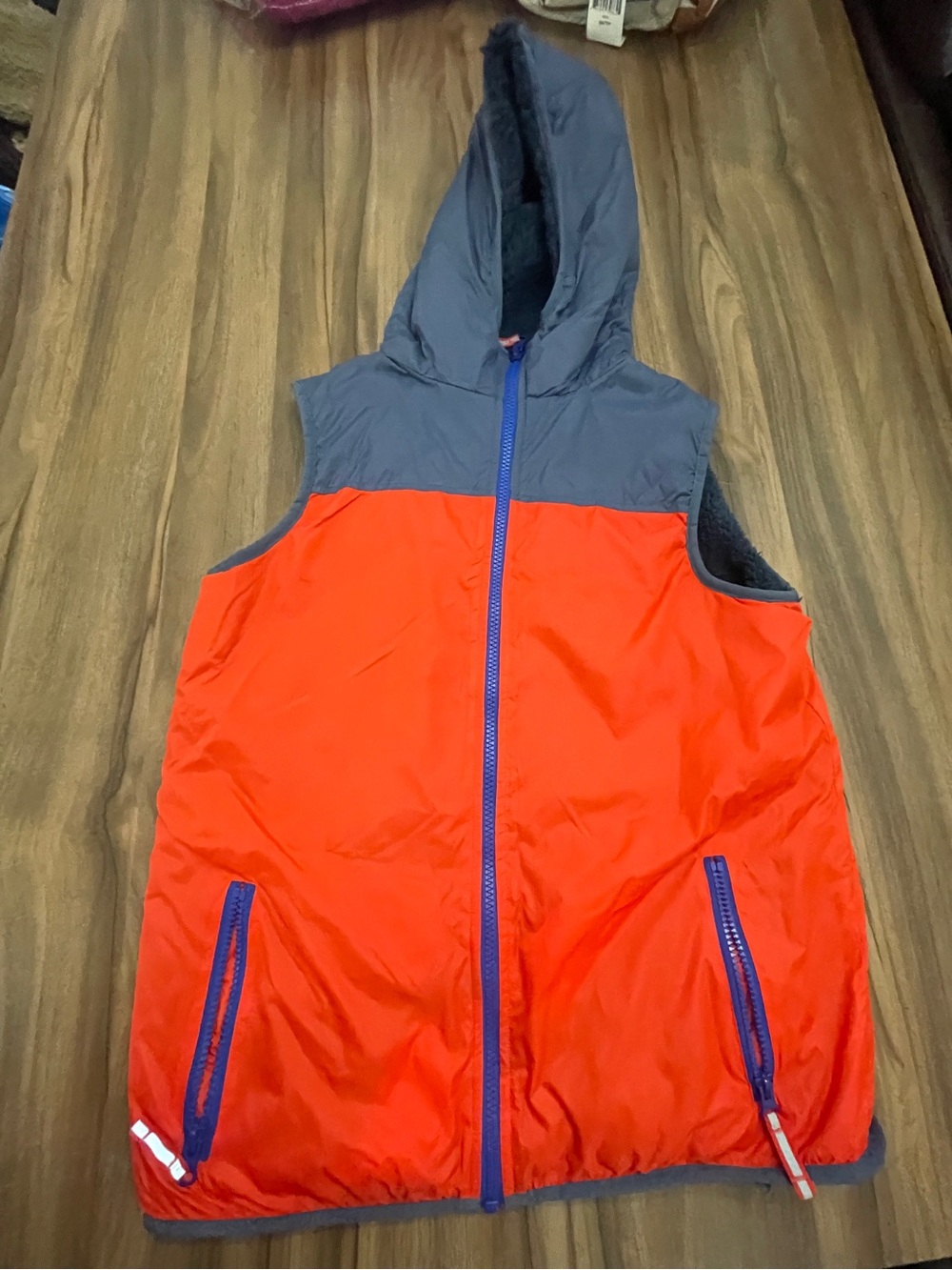 Mini Boden Hooded Colorblock Puffer Vest - Red and Blue 13-14Y